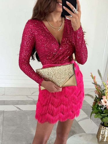 Robe de soirée rose col en V sequins manches longues polyester robe sexy - milanoo.com - Modalova