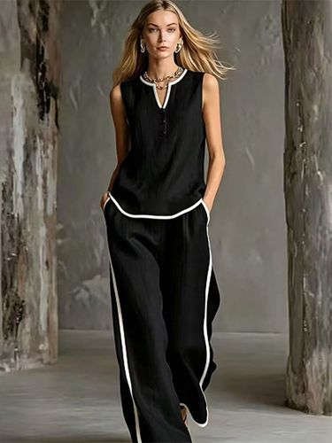 Ensemble deux pièces noir chic bicolore streetwear boutons polyester col rond sans manches - milanoo.com - Modalova