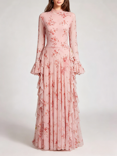 Robe de soirée longue marron foncé à col montant et manches longues évasées imprimé floral - milanoo.com - Modalova