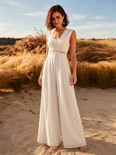 Combinaison de mariée en dentelle combinaison longue en dentelle col en V sans manches taille naturelle couleur - milanoo.com - Modalova