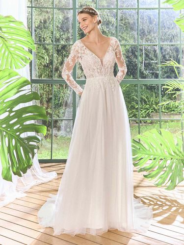 Robe de mariée en dentelle à col en V manches longues et traîne - milanoo.com - Modalova