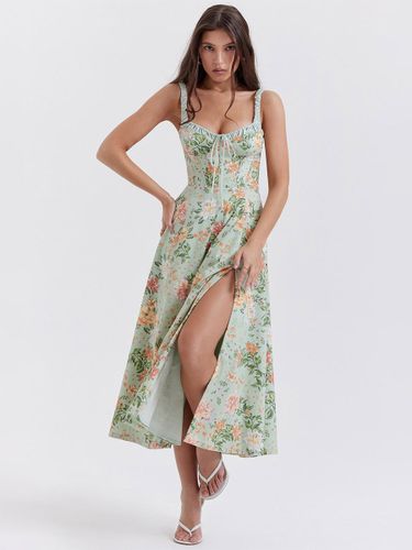 Robe midi dos nu à fleurs sans manches à cordon de serrage imprimé floral et col en V style décontracté - milanoo.com - Modalova
