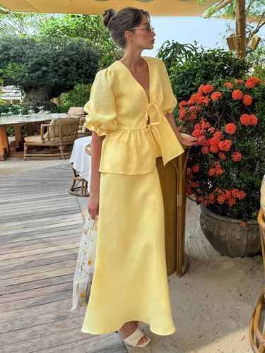 Ensemble 2 pièces : haut péplum à col en V et manches bouffantes noué sur le devant jupe longue sirène - milanoo.com - Modalova