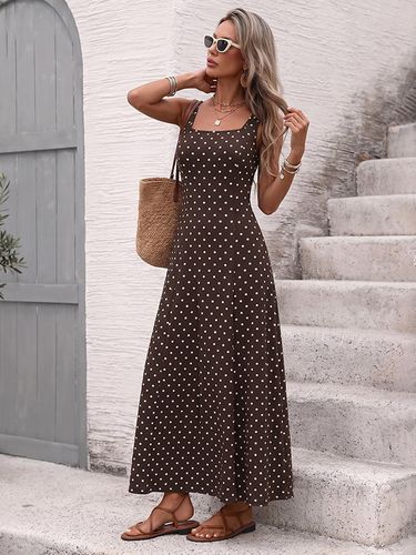 Robe d'été longue à pois marron bretelles spaghetti coupe fluide style évasé - milanoo.com - Modalova
