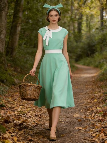 Robe swing vintage années 1950 ornée de détails contrastés col à nœud idéale pour un tea party - milanoo.com - Modalova