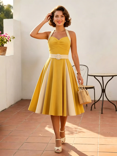 Robe dos nu vintage swing avec ceinture blanche contrastante style rockabilly rétro années 50 - milanoo.com - Modalova
