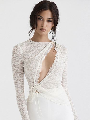 Blouse en dentelle blanche à col bijou manches longues et découpes sexy - milanoo.com - Modalova