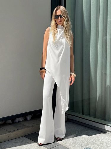 Ensemble 2 pièces assorti : haut sans manches à col montant drapé en satin et pantalon à jambes larges - milanoo.com - Modalova