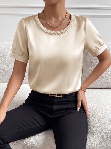 Body à manches courtes et col rond en satin de soie brillant avec bordure en perles - milanoo.com - Modalova