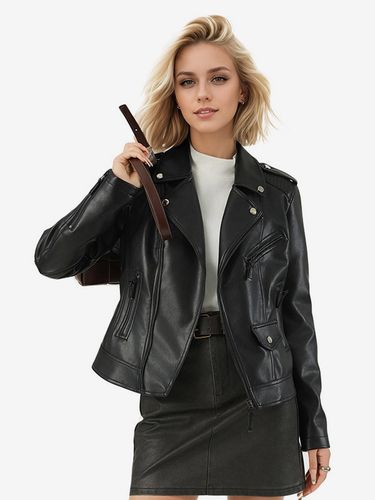 Manteau de motard en cuir rétro à rivets sur les épaules fermeture éclair asymétrique manches longues slim - milanoo.com - Modalova