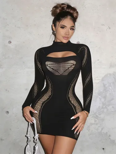 Robe mini en résille ajourée à manches longues et col roulé transparent moulante idéale pour les soirées - milanoo.com - Modalova