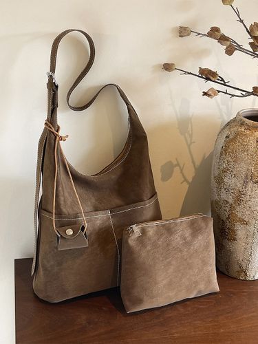 Sac hobo vintage en daim avec surpiqûres contrastées bandoulière ajustable et porte-monnaie intégré - milanoo.com - Modalova