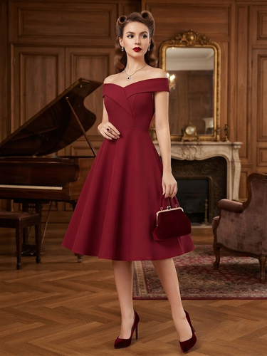 Robe midi bordeaux à épaules dénudées et coupe trapèze élégante et habillée - milanoo.com - Modalova