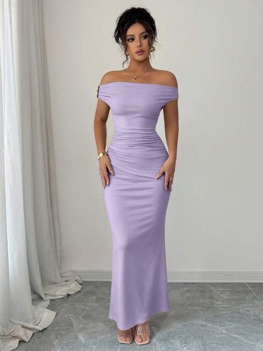 Robe longue de soirée moulante à épaules dénudées et froncées couleur unie stretch coupe ajustée - milanoo.com - Modalova