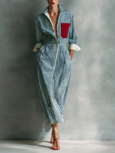 Robe chemise midi à rayures col et boutons sur le devant color block poches et manches à revers - milanoo.com - Modalova