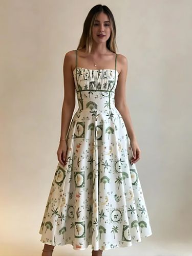 Robe de vacances imprimée de plantes tropicales robe midi à fines bretelles buste smocké coupe trapèze évasée - milanoo.com - Modalova