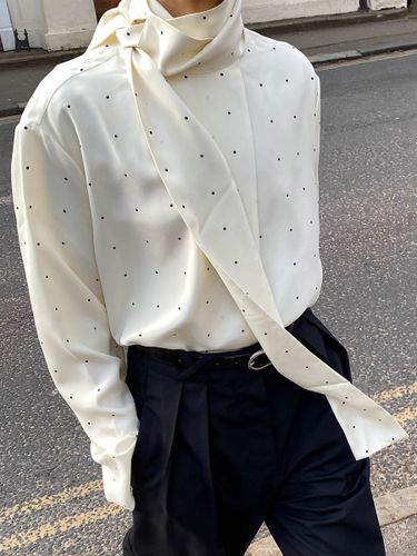 Chemisier à pois à col noué et manches longues élégant chemisier drapé à col montant et chemise ample - milanoo.com - Modalova