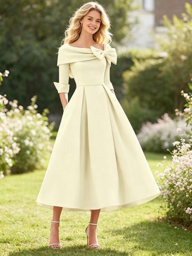Robe de mariée trapèze/princesse col bénitier nœud(s) manches 3/4 longueur thé robe de bal robe d'invitée de mariage - milanoo.com - Modalova