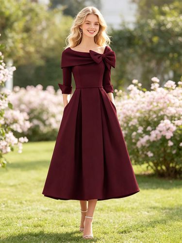 Robe de mariée trapèze/princesse col bénitier nœud(s) manches 3/4 longueur thé robe de bal robe d'invitée de mariage - milanoo.com - Modalova