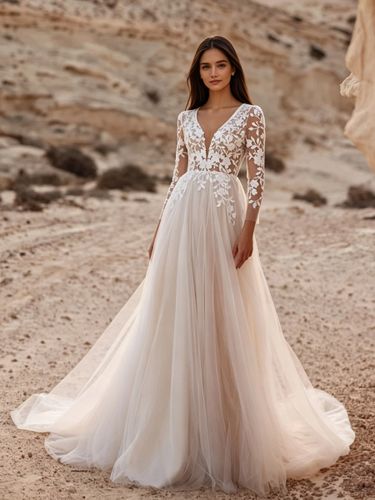 Robe de mariée en dentelle à col en V et manches longues style balayé par la dentelle - milanoo.com - Modalova