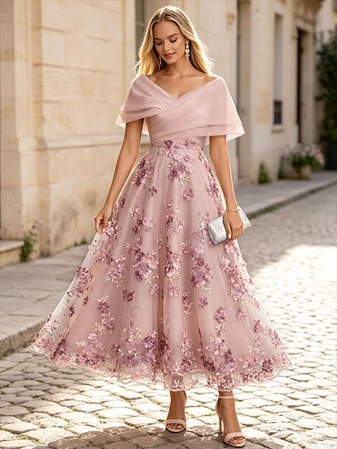Robe cocktail élégante en dentelle coupe trapèze longueur cheville col en V idéale pour une invitée de mariage - milanoo.com - Modalova
