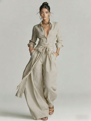 Ensemble 2 pièces en lin et coton - Chemise élégante à manches longues et ceinture et pantalon large - Style été 2026 - milanoo.com - Modalova