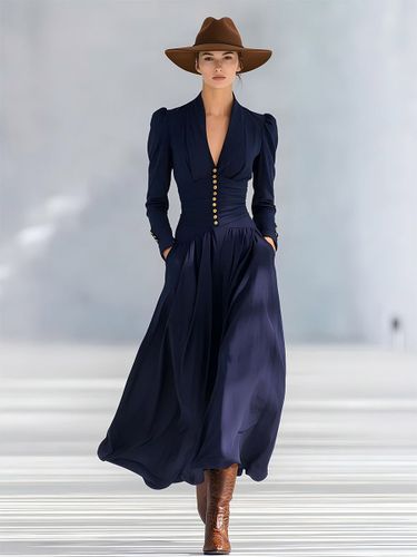 Robe longue maxi décolletée en V et taille froncée boutons dorés manches bouffantes coupe fluide trapèze - milanoo.com - Modalova