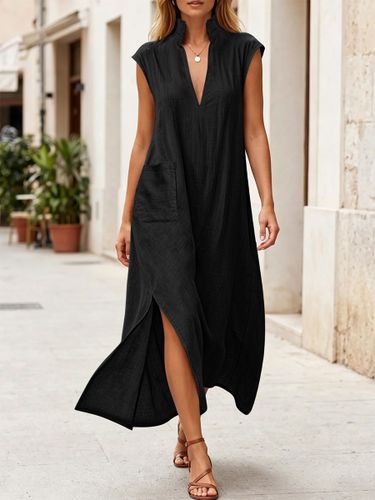 Robe maxi en lin sans manches à col montant et décolleté en V fente latérale coupe ample idéale pour les vacances - milanoo.com - Modalova