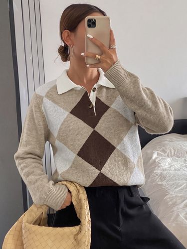 Gilet polo à col losanges en maille à un bouton manches longues coupe ample - milanoo.com - Modalova