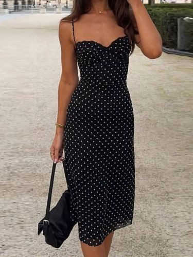 Robe midi moulante à pois et bretelles spaghetti décolleté cœur Daily Dresses - milanoo.com - Modalova