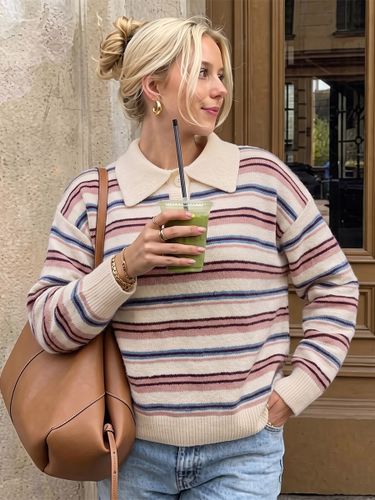 Pull en maille à rayures pastel multicolores col polo épaules tombantes manches longues couleur crème - milanoo.com - Modalova