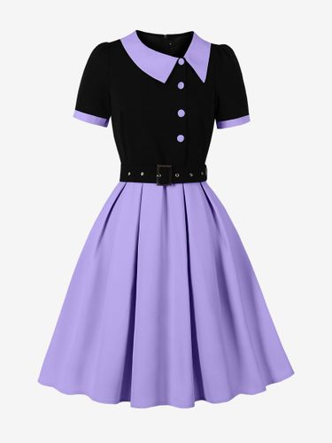 Robe midi vintage violette à col contrastant manches courtes et ceinture coupe trapèze - milanoo.com - Modalova