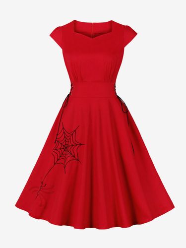 Robe vintage gothique brodée toile d'araignée robe midi manches courtes col V lacé coupe trapèze et noire - milanoo.com - Modalova