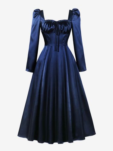 Robe longue vintage en satin à col carré et manches bouffantes dos lacé rouge et bleu marine - milanoo.com - Modalova