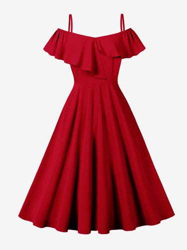Robe vintage à volants épaules dénudées et fines bretelles robe midi rouge et robe trapèze - milanoo.com - Modalova