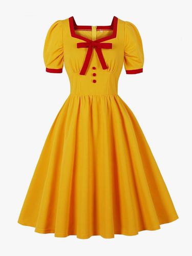 Robe vintage mi-longue à col carré et nœud manches bouffantes boutons décoratifs taille haute coupe trapèze - milanoo.com - Modalova
