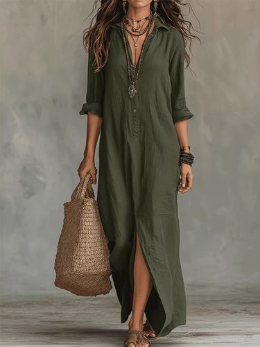 Robe longue chemise en lin manches retroussées demi-boutonnage sur le devant ourlet fendu style décontracté idéale pour la plage - milanoo.com - Modalova