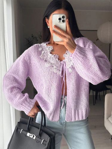 Gilet en maille à bordure florale et dentelle manches longues col roulé ajouré haut court - milanoo.com - Modalova