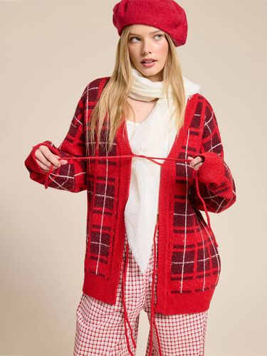 Gilet cardigan à carreaux en maille à col V manches longues fermeture à nouer sur le devant coupe ample et oversize motif à carreaux - milanoo.com - Modalova