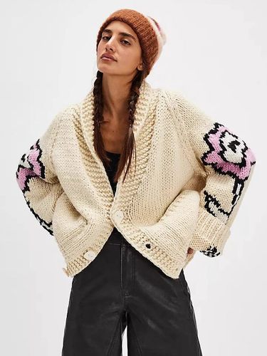 Gilet cardigan en maille jacquard à fleurs col en V manches longues oversize poches pull ample en grosse maille - milanoo.com - Modalova