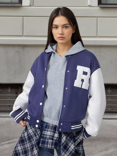Veste universitaire courte à empiècement R et blocs de couleur ourlet rayé style baseball vêtement d'extérieur décontracté - milanoo.com - Modalova