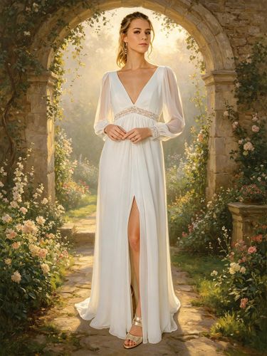 Robe de mariée bohème en mousseline coupe trapèze longueur au sol taille naturelle fermeture éclair manches longues col en V robe de mariée civil - milanoo.com - Modalova
