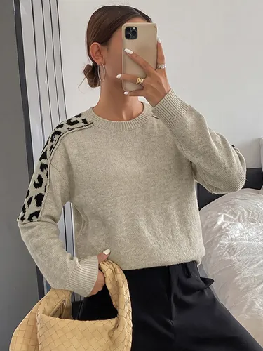 Pull gris clair à col rond manches longues patchwork léopard maille décontractée - milanoo.com - Modalova