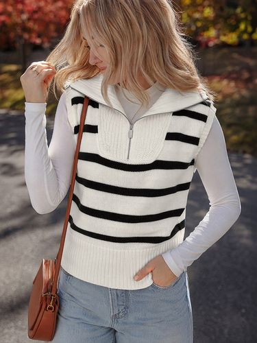 Gilet sans manches en maille décontractée à rayures blanches et noires col à revers et demi-zip - milanoo.com - Modalova
