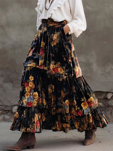 Jupe longue maxi vintage en velours imprimé floral taille haute à volants coupe bohème - milanoo.com - Modalova
