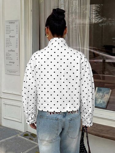 Veste blanche à pois col montant fermeture éclair manches longues courtes style décontracté - milanoo.com - Modalova