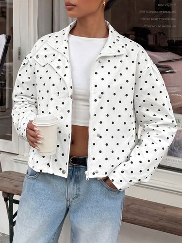 Veste blanche à pois col montant fermeture éclair manches longues courtes style décontracté - milanoo.com - Modalova