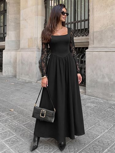 Robe maxi à col carré en dentelle manches longues taille cintrée coupe trapèze élégante idéale pour une soirée en amoureux - milanoo.com - Modalova
