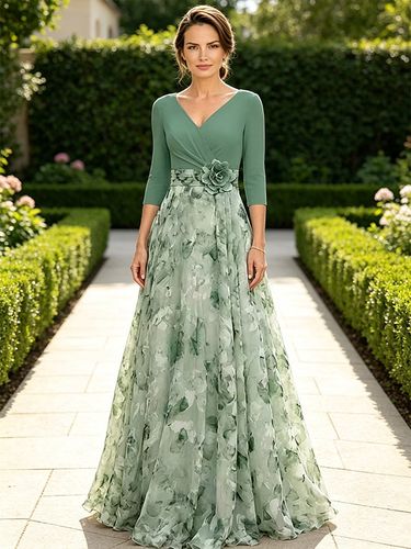 Robe de mère à col en V manches 3/4 coupe trapèze ornée de fleurs robe d'invitée pour mariage - milanoo.com - Modalova