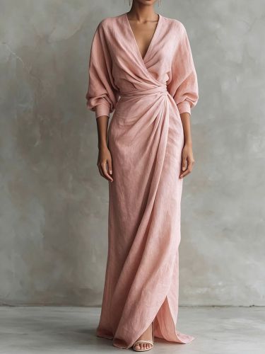 Robe longue portefeuille à col en V manches bouffantes ceinture à nouer fente et poches latérales - milanoo.com - Modalova